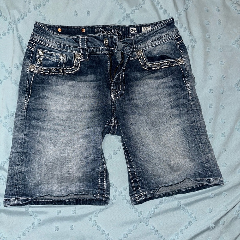 Miss Me Blue Jean Shorts with Distressed Vintage Style